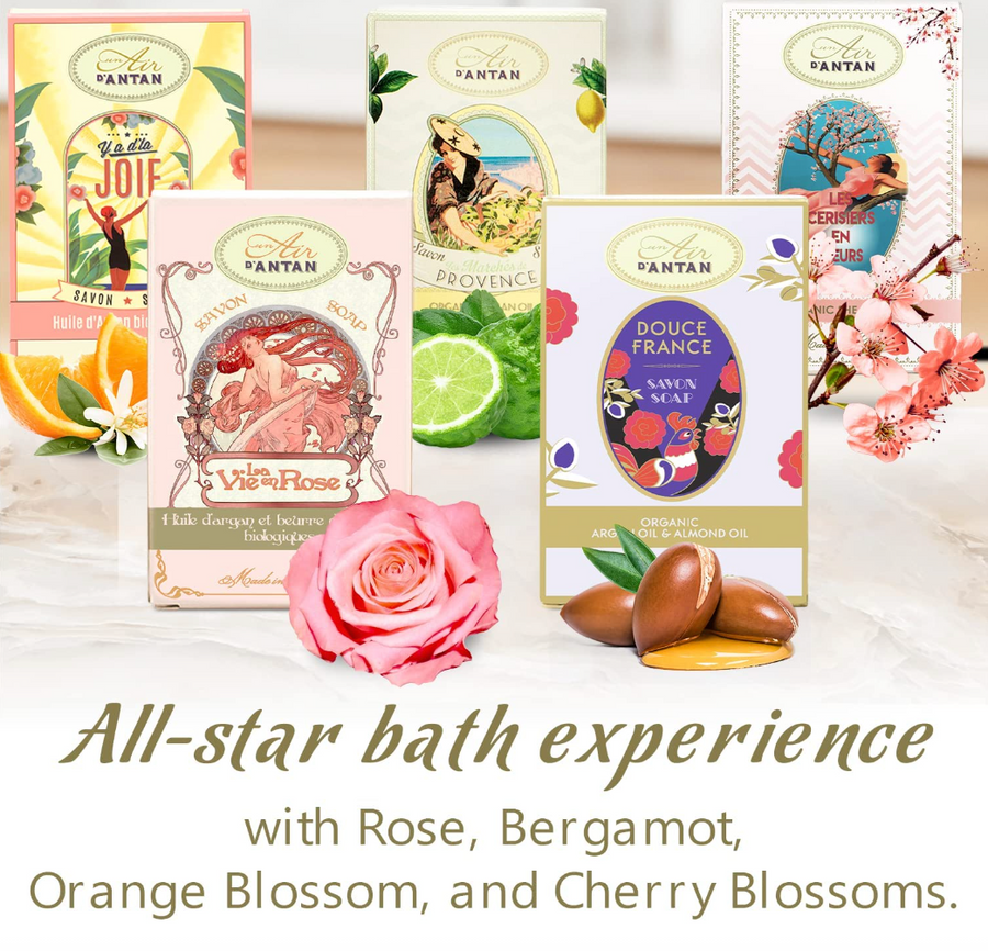 Organic Oils Soap Bar Collection - 5 Scents: Verbena, Rose, Floral, Almond, Cherry Blossom